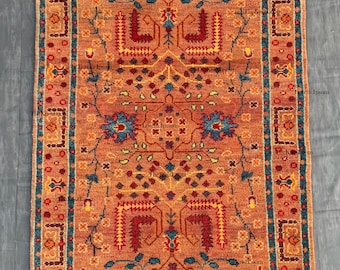 Handmade Oushak Wool Rug: Terracotta Orange & Teal Oriental Carpet