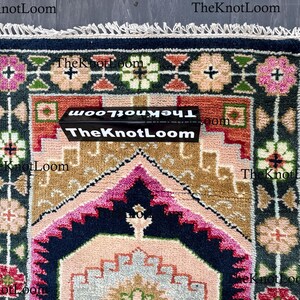 Handknotted Oushak Wool Runner Rug, Navy Pink Green, Turkish Hallway Carpet, Vintage Design 2.5x12,3x6,8x10 image 6