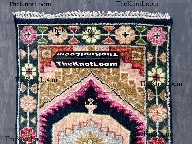 Handknotted Oushak Wool Runner Rug, Navy Pink Green, Turkish Hallway Carpet, Vintage Design 2.5x12,3x6,8x10 image 6