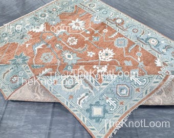 Tappeto vintage blu terracotta 8x10, tappeto tradizionale orientale floreale per soggiorno