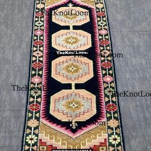 Handknotted Oushak Wool Runner Rug, Navy Pink Green, Turkish Hallway Carpet, Vintage Design 2.5x12,3x6,8x10 image 2