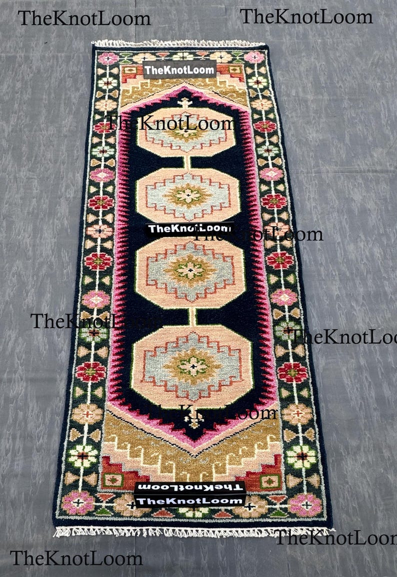 Handknotted Oushak Wool Runner Rug, Navy Pink Green, Turkish Hallway Carpet, Vintage Design 2.5x12,3x6,8x10 image 2