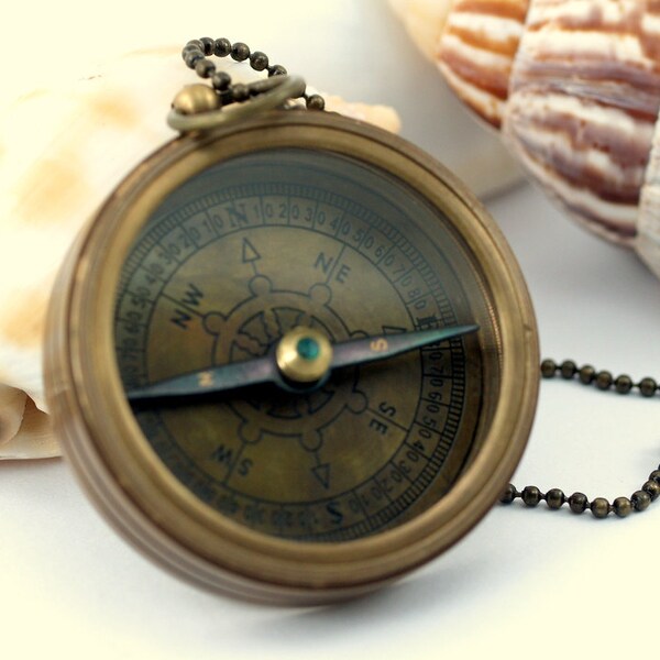 Working Antique Brass Compass (56 mm)  Necklace with Cover