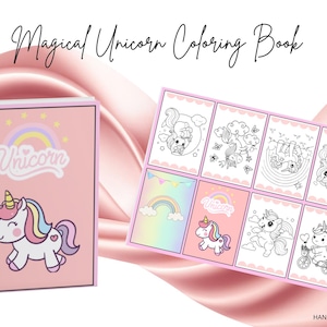 Puede incluir: Un libro para colorear de unicornios rosa con el título "Magical Unicorn Coloring Book" en escritura cursiva. La portada presenta un unicornio de dibujos animados con una melena arcoíris y un corazón. El libro abierto muestra varias páginas para colorear con temática de unicornios.