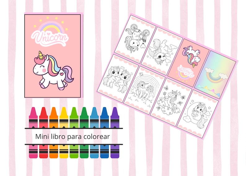 May include: A pink coloring book with a unicorn design and the word "Unicorn". The book is accompanied by a set of crayons and a collection of coloring pages featuring unicorns and rainbows. The text "Mini libro para colorear" is also present.