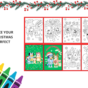 Puede incluir: Páginas para colorear con temática navideña con personajes de dibujos animados en escenas festivas. La imagen incluye el texto "MAKE YOUR CHRISTMAS PERFECT" y una guirnalda decorativa. Presentado en una cuadrícula.
