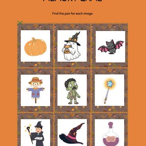 Puede incluir: Un juego de memoria con temática de Halloween con nueve cartas ilustradas. Las cartas presentan una calabaza, un fantasma, un murciélago, un espantapájaros, un zombi, una varita mágica, un mago, un sombrero de bruja y una botella de poción. El juego tiene un fondo naranja.