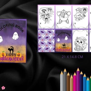 Puede incluir: Un libro para colorear con temática de Halloween con una portada morada y naranja con fantasmas, un gato negro y calabazas. El libro va acompañado de varias páginas para colorear con ilustraciones de Halloween. Las dimensiones son 21 cm x 14,8 cm.