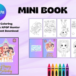 Könnte beinhalten: Ein Mini-Malbuch mit Illustrationen zum Thema KPOP. Das Cover zeigt drei Cartoonfiguren mit dem Text "Happy Birthday". Das Buch enthält Schwarz-Weiß-Zeichnungen von KPOP-Charakteren und den Text "KPOP DEMON HUNTERS".