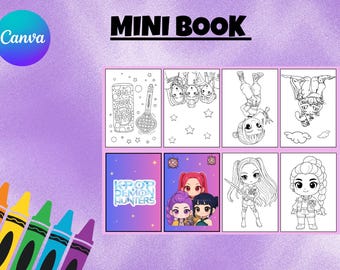DIY Kpop Demon Hunter Mini Coloring Booklet Template, Canva Template, Party Kids