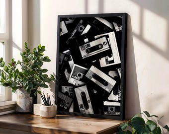 Cassette Tape Digital Print, Black & White Retro Music Photography, Vintage 80s 90s Wall Art, Nostalgic Home Decor for Living Room or Office