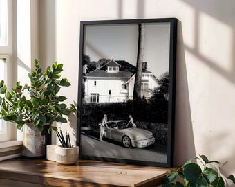 Porsche 911 Digitaldruck, Frauen mit Vintage Sportwagen Fotografie, Schwarz & Weiß Retro Wandkunst, Luxus alte Geld ästhetische Dekor