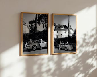 Porsche 911 Digitaldruck 2er Set, Frauen mit Vintage Sportwagen Fotografie, Schwarz & Weiß Luxus Retro Wandkunst, altes Geld Dekor