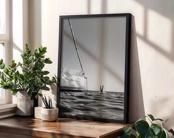 Ocean Jump Yacht Digital Print, Black & White Sailboat Photography, Summer Vintage Wall Art, Coastal Luxury Decor, Old Money Aesthetic