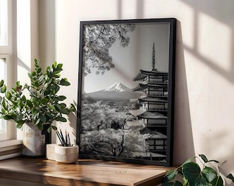 Mount Fuji Digital Print, Black & White Japanese Pagoda and Cherry Blossom Photography, Modern Japan Wall Art, Minimalist Travel Decor