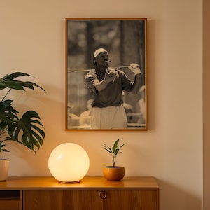 May include: A framed black and white photograph of a golfer in action, wearing a cap and holding a golf club. The photograph is displayed on a light-colored wall above a wooden cabinet. A spherical lamp and potted plants are in the foreground.