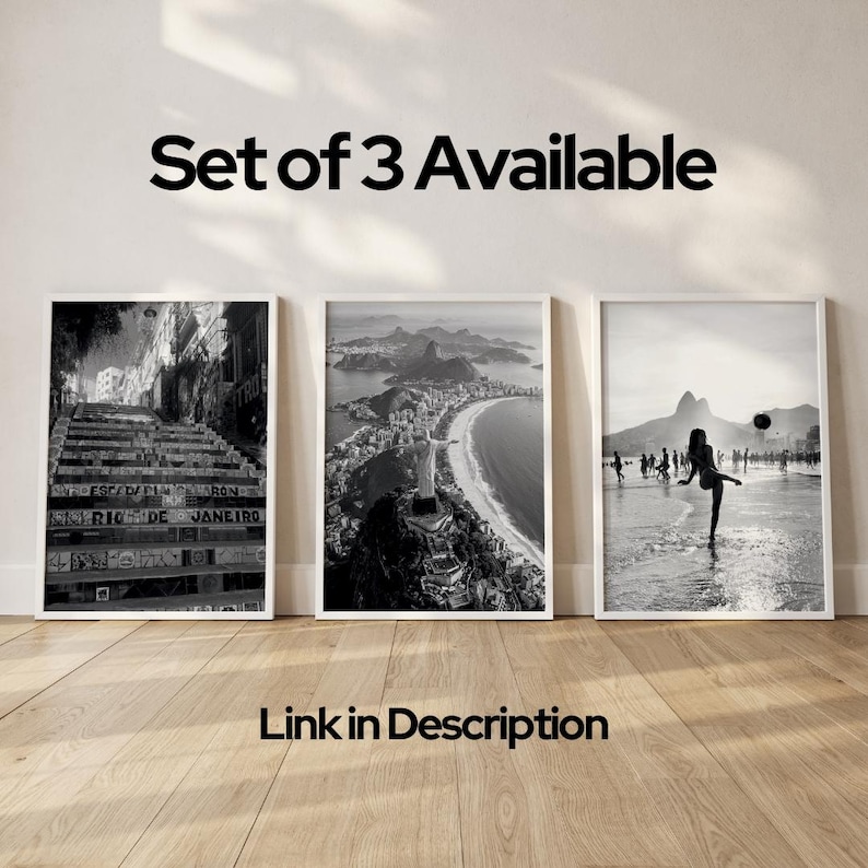 May include: A set of three framed black and white photographs. One shows a staircase with graffiti, another a coastal city, and the third a person kicking a ball on a beach. The text "Set of 3 Available" is above the frames.