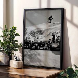 Ski Jump Digital Print, Black & White Vintage Sports Photography, Classic Car Wall Art, Retro Alpine Poster, Winter Skiing Mountain Decor