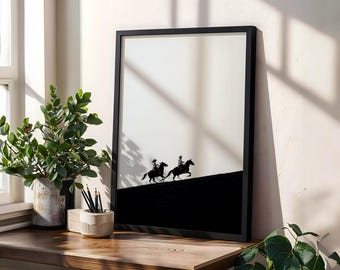 Black & White Cowboy/Cowgirl Horseback Digital Wall Art , Western Rustic Decor Print, Minimalist Wild West Photo, Vintage Western Poster