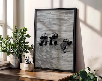 Sea Otters Digital Print, Black & White Wildlife Photography, Cute Animal Wall Art, Coastal Ocean Decor, Nature Inspired Home/Office Print
