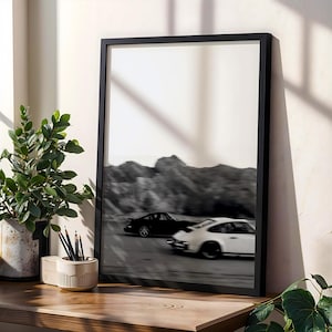 Porsche Racing Digitalt Tryck, Svartvitt Fotografi av Vintage Sportbilar, Klassisk Porsche Väggkonst, Retro Bildekoration för Hem/Kontor