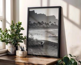 Surfing Wave Digital Print, Black & White Coastal Photography, Surfer Ocean Wall Art, Tropical Beach Decor, Vintage Surf Culture Home Print
