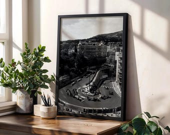 Impresión digital del Gran Premio de Mónaco, fotografía vintage de Fórmula 1 en blanco y negro, arte mural de carreras clásicas, decoración automotriz de lujo