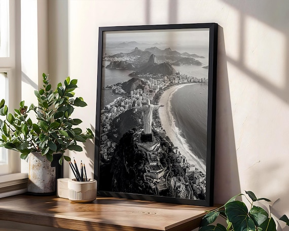 Christ the Redeemer Digital Print, Rio de Janeiro Wall Art, Black & White Brazil Aerial Photo, Iconic Landmark Travel Poster Printable
