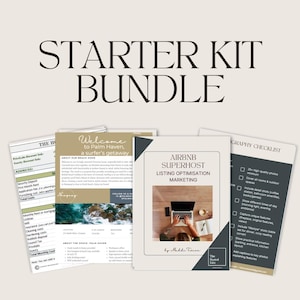 Könnte beinhalten: Ein Bündel gedruckter Materialien mit dem Text "STARTER KIT BUNDLE" oben. Das Bündel enthält Dokumente mit Titeln wie "Welcome to Palm Haven" und "AIRBNB SUPERHOST LISTING OPTIMISATION MARKETING". Eine Fotografie-Checkliste ist ebenfalls enthalten.