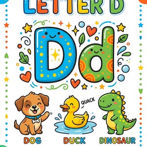 Op de afbeelding: Een kleurrijke werkbladomslag voor kleuters met de letter "D". Het ontwerp bevat een blauwe "D" en een groene "d", samen met illustraties van een hond, een eend en een dinosaurus. Tekst bevat "DOG", "DUCK", "DINOSAUR".
