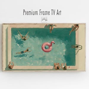 May include: A rectangular digital art print titled Premium Frame TV Art featuring an overhead view of a swimming pool with turquoise water. Several figures are swimming or sitting on the edge, and a bright pink flamingo pool float is in the center.