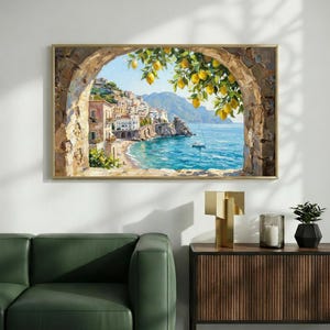 May include: A rectangular wall art print depicting a coastal Mediterranean town viewed through a stone archway framed by lemon branches. The scene features white buildings on a cliffside, a blue sea, a small sailboat, and bright yellow lemons.
