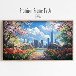 Peut inclure: Impression numérique encadrée représentant un paysage urbain avec un pont, des arbres et des fleurs. L'œuvre présente un paysage vibrant avec un ciel bleu et des nuages. Le texte "Premium Frame TV Art" est en haut.