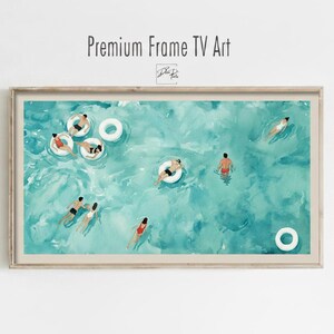 May include: Framed artwork featuring a watercolor painting of people swimming in a turquoise pool. Some are on white inflatable rings. The artwork is labeled "Premium Frame TV Art" at the top.