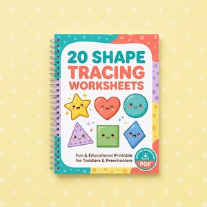 May include: A spiral-bound workbook titled "20 Shape Tracing Worksheets" with colorful illustrations of shapes. The cover features a star, heart, circle, triangle, square, and diamond with smiling faces. Text reads "Fun & Educational Printable for Toddlers & Preschoolers."