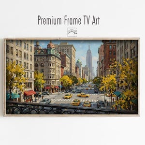 May include: Framed artwork depicting a New York City street scene with yellow taxis, buildings, and the Empire State Building in the distance. The artwork is labeled "Premium Frame TV Art".