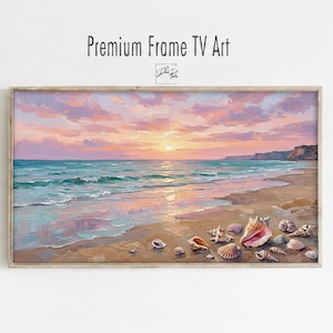 Pode incluir: Uma peça de arte de parede retangular emoldurada intitulada Premium Frame TV Art com uma pintura a óleo de uma praia ao pôr do sol. A cena exibe um céu rosa e laranja sobre um oceano turquesa com ondas e conchas na areia da praia.