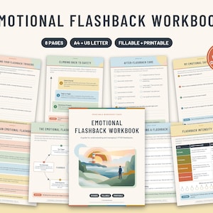 May include: An 8-page Emotional Flashback Workbook in A4 and US Letter sizes. The printable, fillable document set includes worksheets on triggers, safety, after-care, and intensity scales, featuring a cover with a landscape illustration.