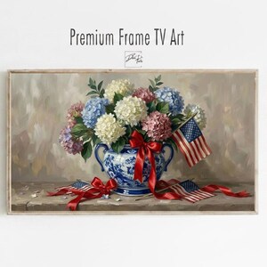 Patriotic Hydrangea Botanical Frame TV Art Red White Blue Floral 4th of July Decor