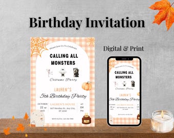 Editable Halloween Birthday Party Invitation, Template Ghost Birthday Party Invite, Calling all monsters  Halloween Party Fall Birthday