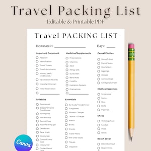 Puede incluir: Una lista de embalaje de viaje imprimible con categorías para documentos, medicamentos, ropa casual y artículos de tocador. Un lápiz amarillo con una goma verde descansa a la derecha. El texto "Travel Packing List" está en la parte superior.