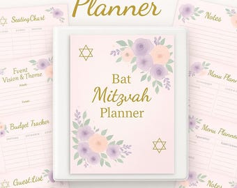 Puede incluir: Un planificador de Bat Mitzvah de 20 páginas con una cubierta rosa, detalles florales y texto dorado. El planificador incluye un plano de asientos, un control de presupuesto, una lista de invitados y páginas de notas. Diseñado por Aurasynth.