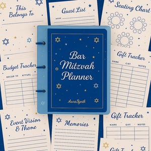 May include: A blue Bar Mitzvah planner with a 25-page design, featuring a cover with the text "Bar Mitzvah Planner" and various planning pages. The planner includes sections for guest lists, seating charts, and gift trackers.
