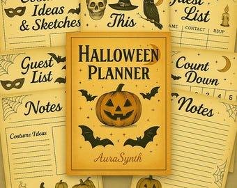 Puede incluir: Una colección de artículos de papelería con temática de Halloween, que incluye una agenda, listas de invitados y páginas de notas. La agenda presenta una ilustración de calabaza y el texto "Halloween Planner". Otras páginas incluyen murciélagos, telarañas.