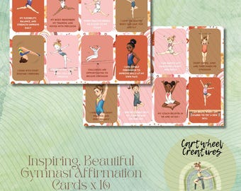 May include: A set of 16 affirmation cards for gymnasts. Each card features a gymnast illustration and an inspirational message. The cards are in shades of brown, pink, and orange, with the text "Inspiring, Beautiful Gymnast Affirmation Cards x 16".
