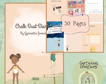 May include: A gymnastics journal called "Chalk Dust Diary" with illustrations of gymnasts. The journal contains 50 pages and includes sections for monthly reflections and scores. The cover features a young gymnast and the text "Cartwheel Creatives".