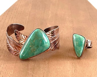 Vintage Green Turquoise Copper Cuff and Matching sz 7 Ring Set