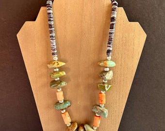 Navajo Turquoise Bead Sterling Ball Heishi Coral Southwesten Necklace
