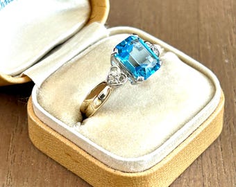 Vintage F. Lau Designer 14K Solid YGold Emerald Cut Topaz Diamond Heart Ring