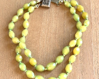 Antique Faceted Green Amber Bead 2 Strand Handknotted Bracelet Filigree Sterling Closure